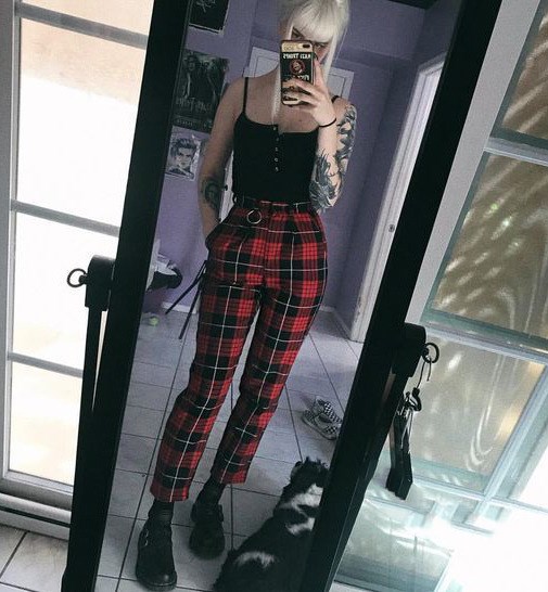 Retro Plaid Ladies Casual Pants Red - Shop at LoveMi
