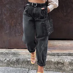 Women's loose high waist denim trousers - Dark Grey - View 1