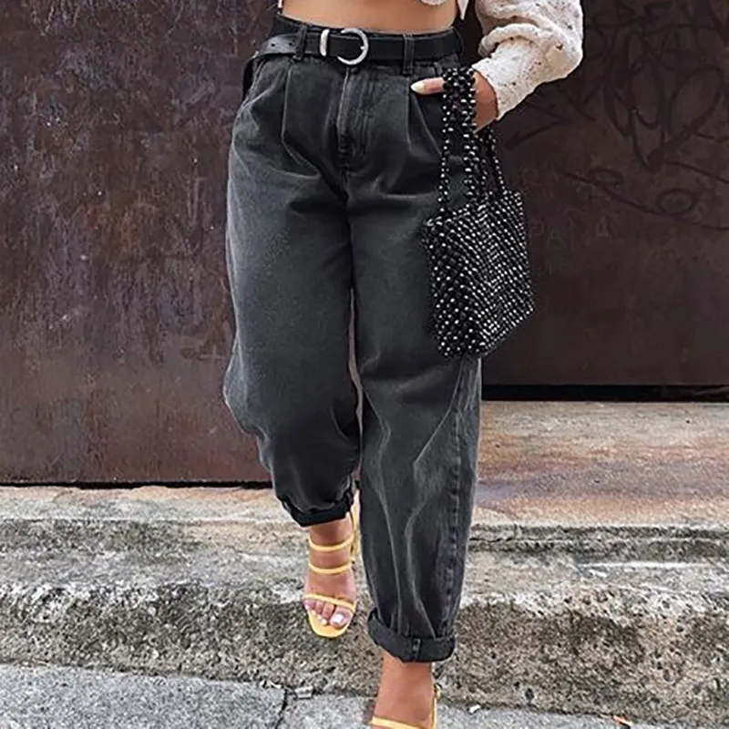 Women's loose high waist denim trousers - Grey