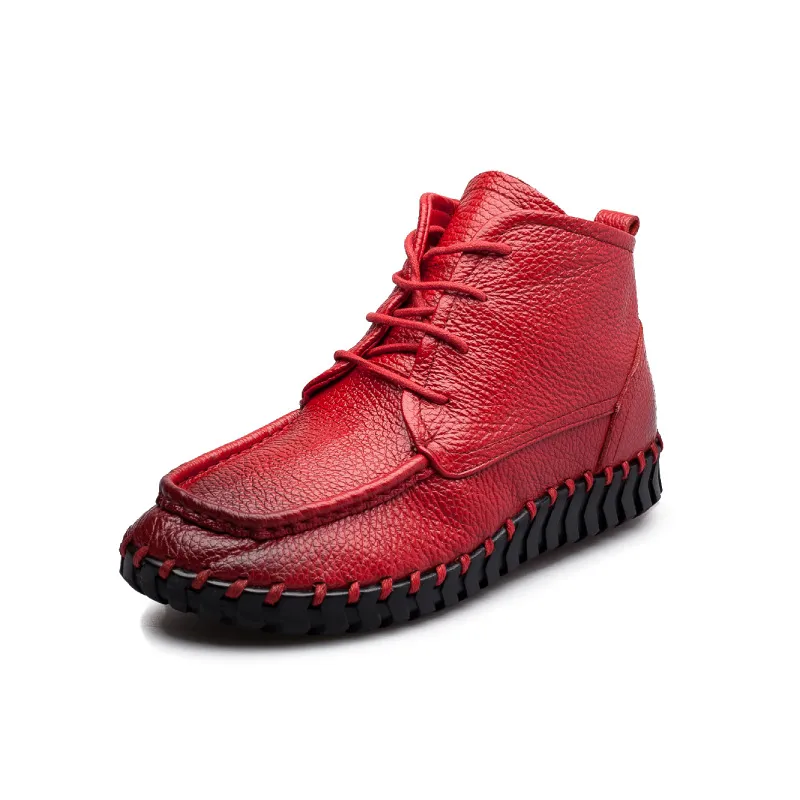 Simple women's toe top layer cowhide soft sole women's shoes - Red
