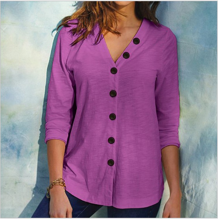 Solid color button V-neck fashion long-sleeved shirt
