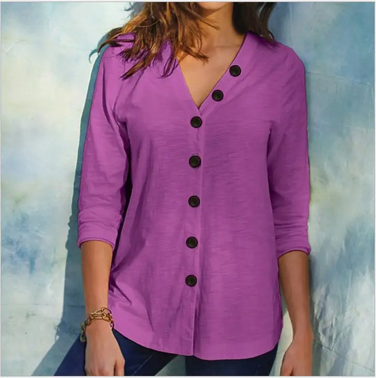 Solid color button V-neck fashion long-sleeved shirt