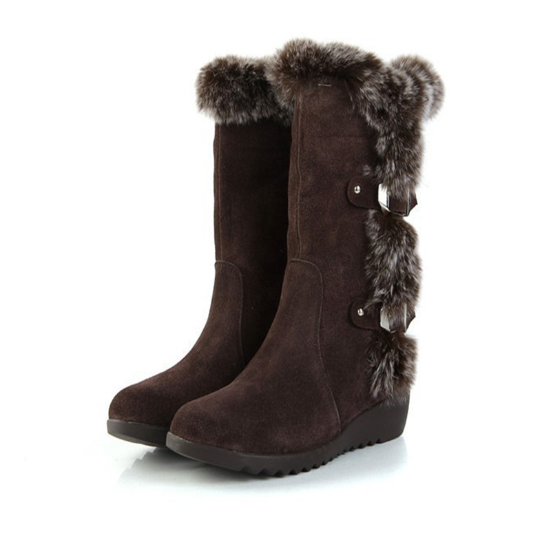 Brown New Winter Women Casual Warm Fur Mid Calf Boots Shoes Women Slip On Round Toe Flats Snow Boots Shoes Brown - Shop at LoveMi