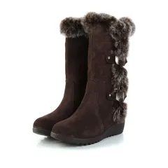 Brown New Winter Women Casual Warm Fur Mid-Calf Boots Shoes Women Slip-On Round Toe Flats Snow Boots Shoes - Brown - View 1