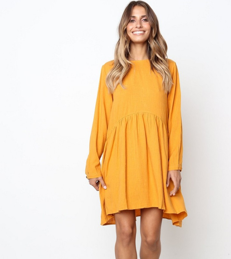 Round neck long sleeve cotton and linen skirt