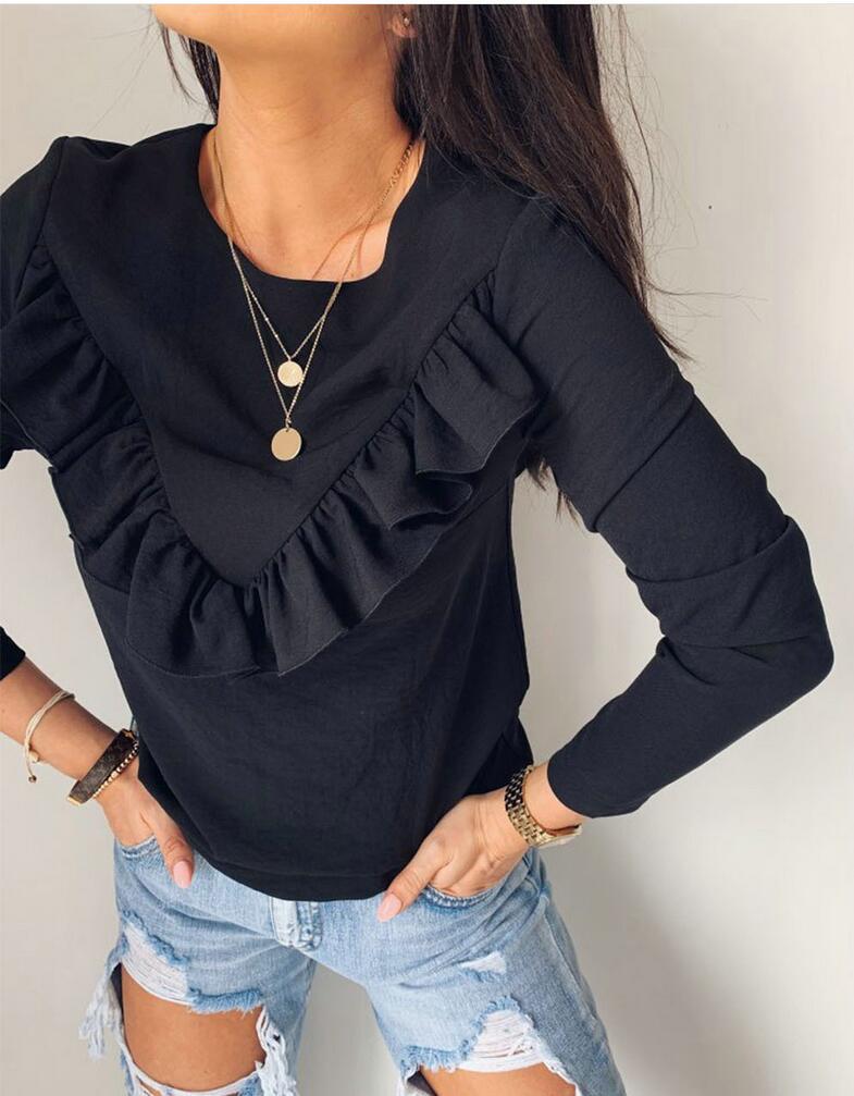 Ruffled round neck long sleeve top