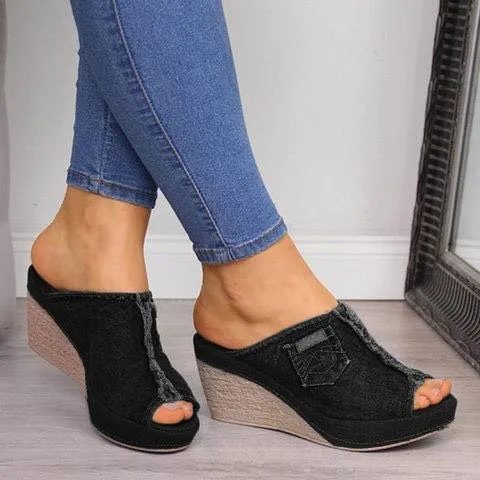Denim high heels wedge sandals Black - Shop at LoveMi