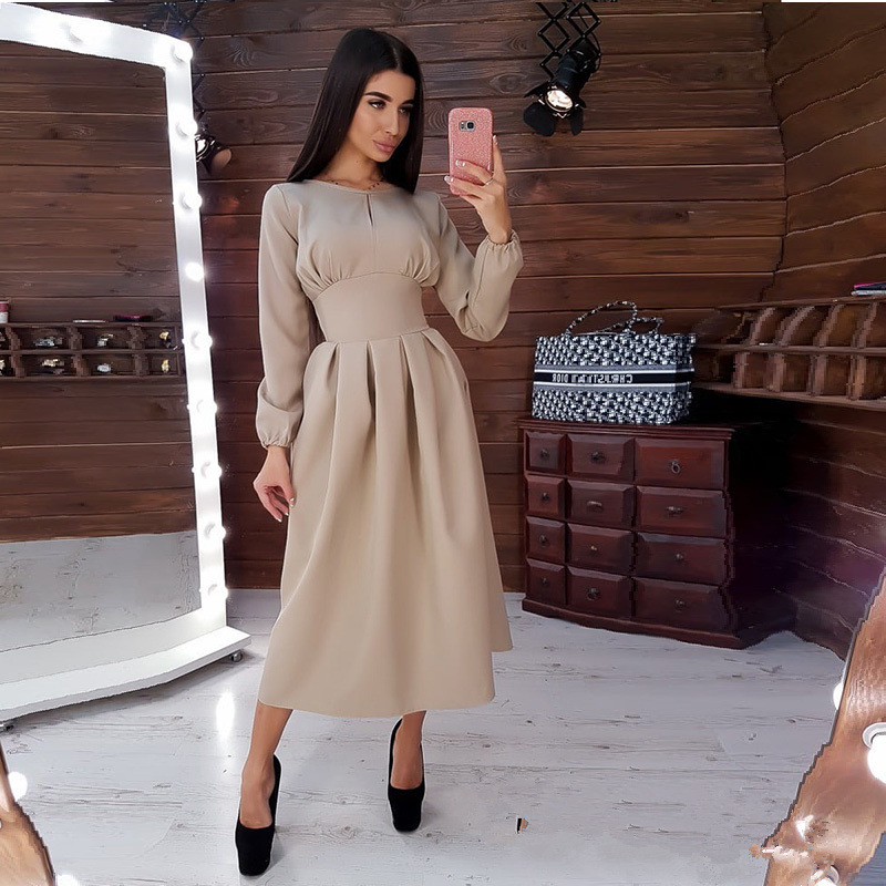 Long sleeve solid color waist dress