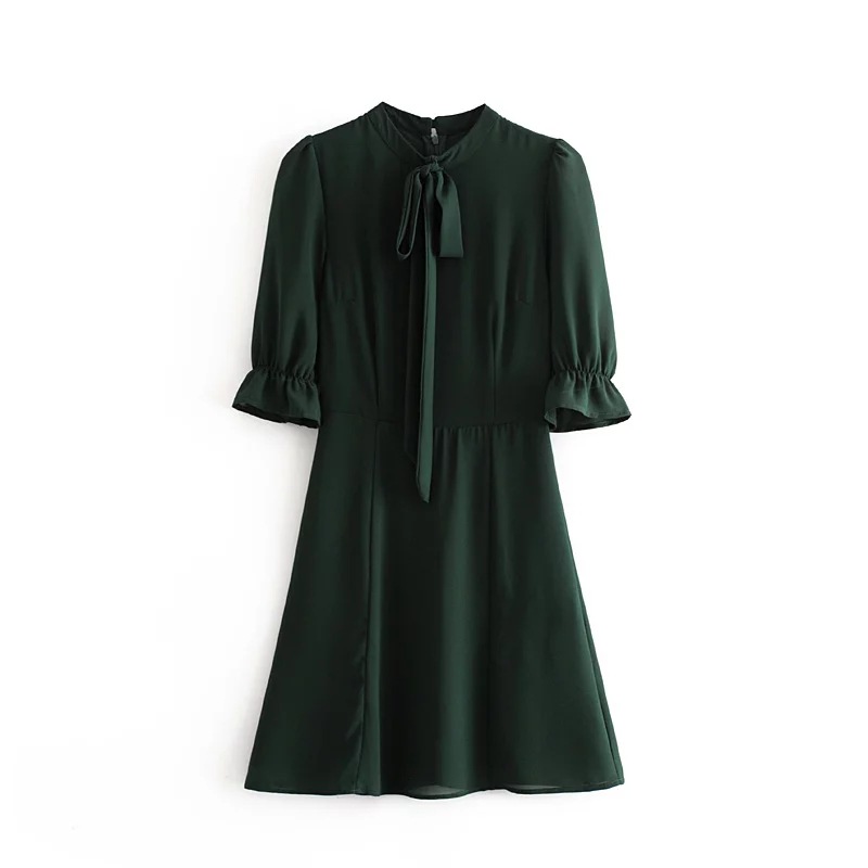 Bowknot waisted stand collar mid-sleeve dress