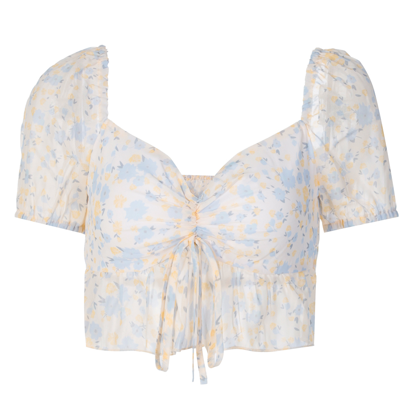 Floral chiffon top hot girl gentle and versatile slim short