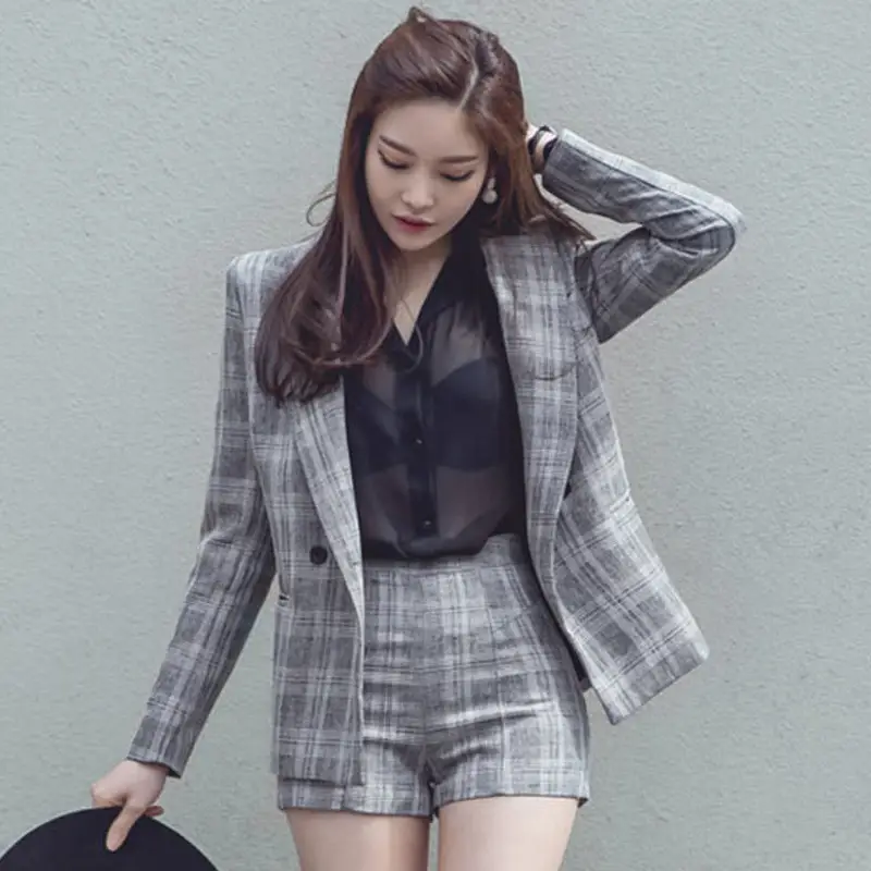 Two-piece retro plaid jacket high waist shorts