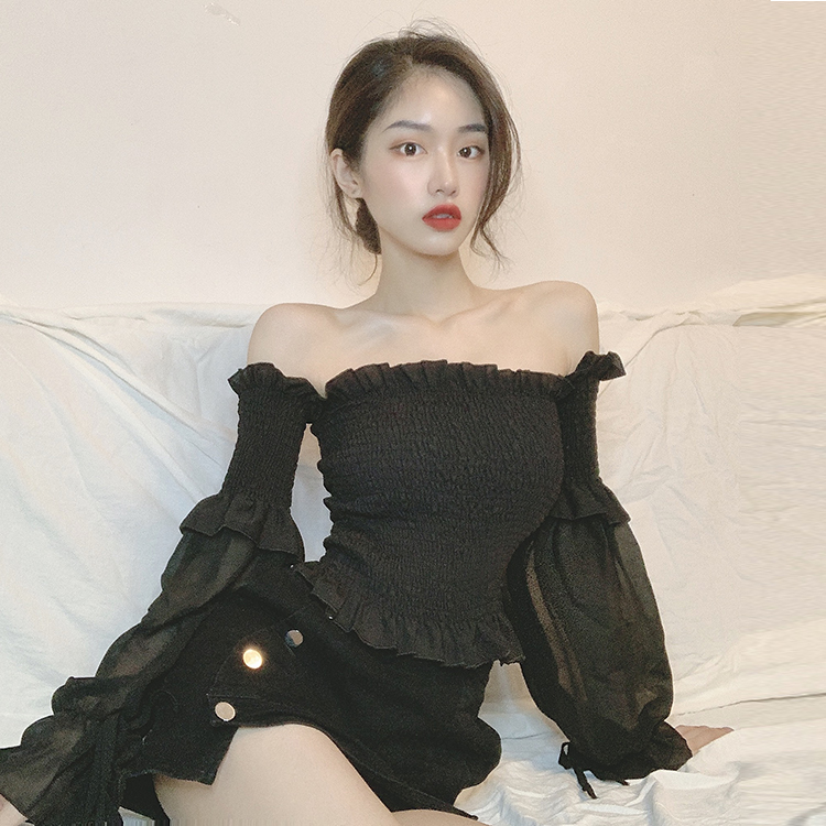 One-shoulder top sexy wooden ear mesh anti-sat shirt