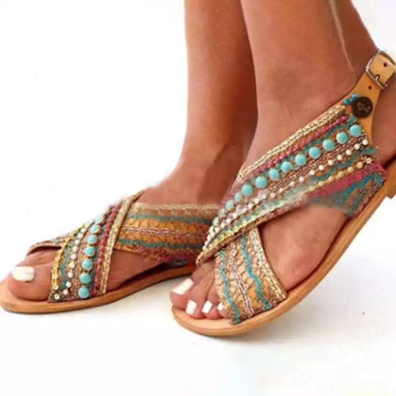 Bohemian colorblock beaded flat buckle toe sandals