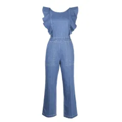 Women's lace-up ruffled denim one-piece suit - Blue - View 1
