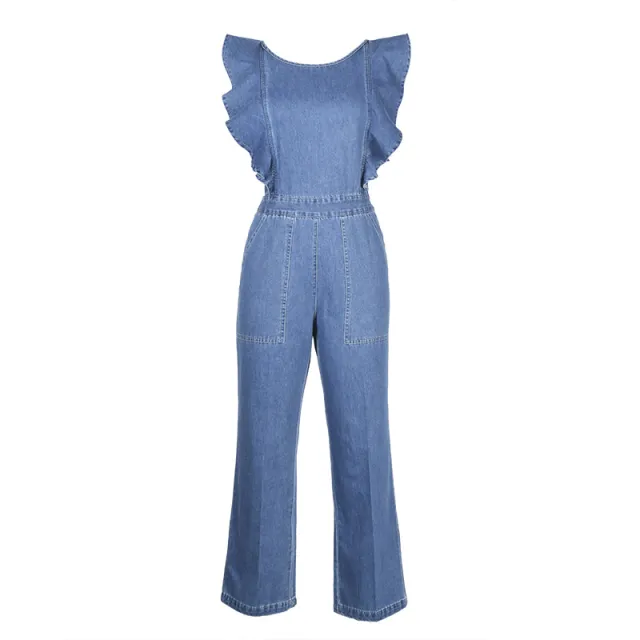 Women's lace up ruffled denim one piece suit Blue - Shop at LoveMi