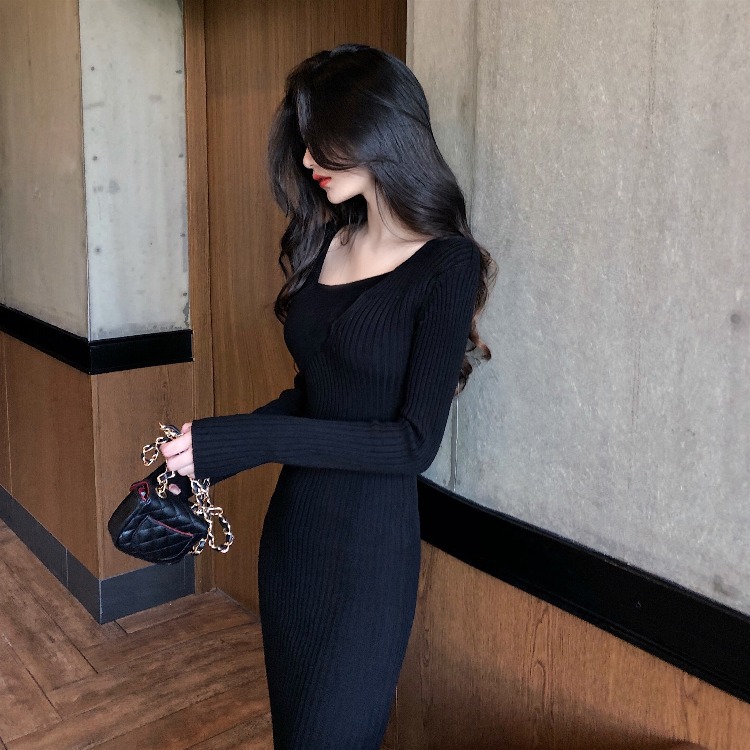 Long-sleeved bottoming skirt knitted pit strip dress