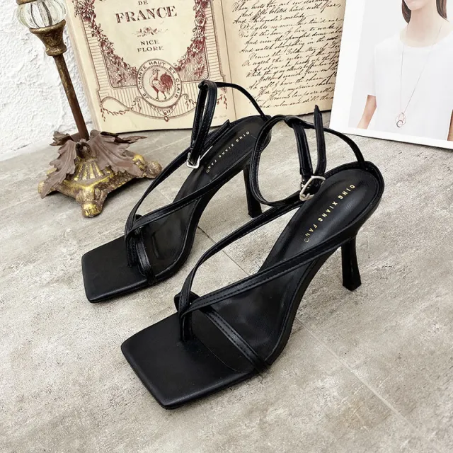 Square head toe sandals female sense stiletto heels Black - Shop at LoveMi