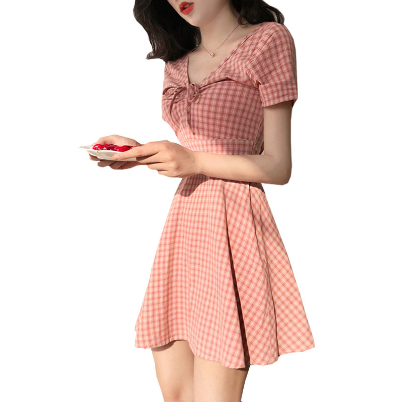 Thin lace-up check A-line skirt