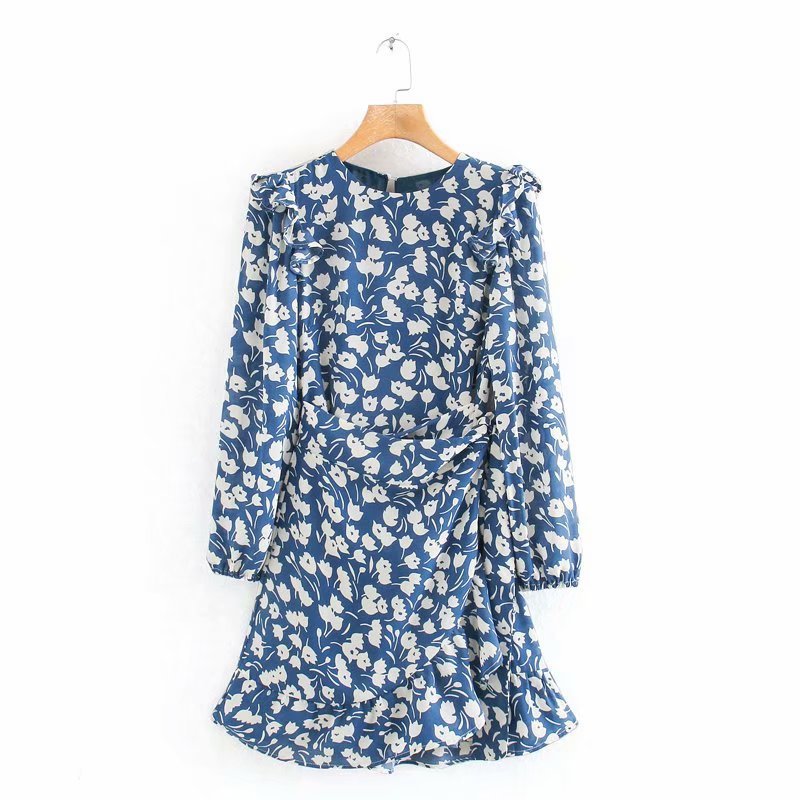 Round neck print ruffled lace-up jumpsuit