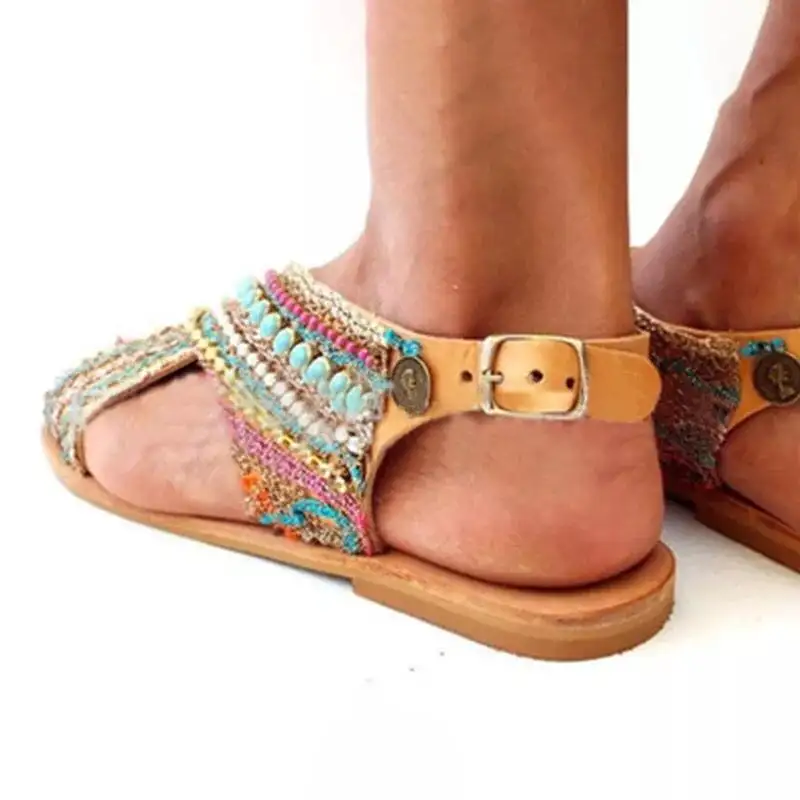 Bohemian colorblock beaded flat buckle toe sandals