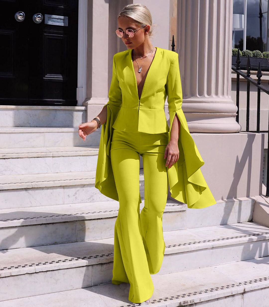 Irregular big sleeve flared pants suit
