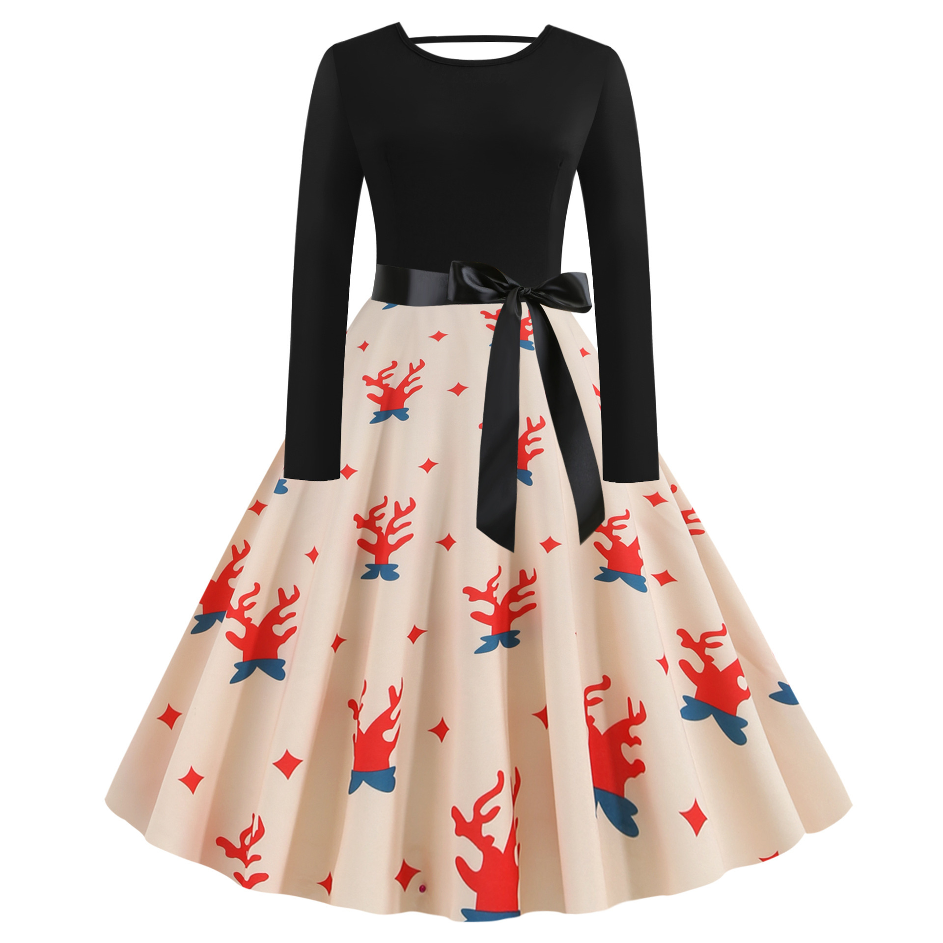 Christmas print lace long sleeve dress