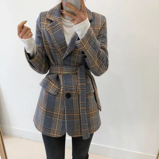 Checked chic short single breasted coat Blue - Shop at LoveMi