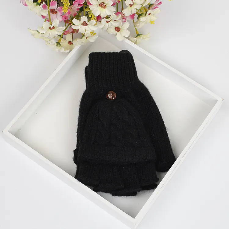 Autumn and winter Korean women's lovely five finger thin sweater knitted gloves in winter with students writing half fingers - Black