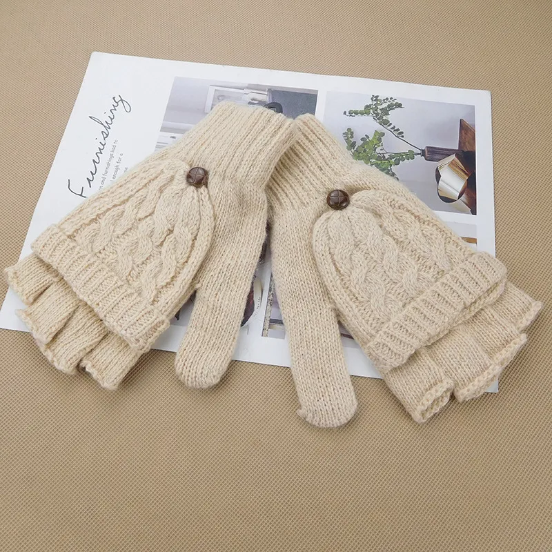Autumn and winter Korean women's lovely five finger thin sweater knitted gloves in winter with students writing half fingers - Beige