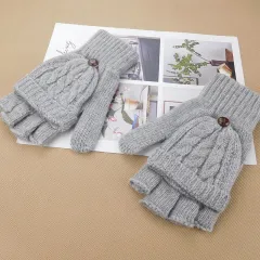 Autumn and winter Korean women's lovely five finger thin sweater knitted gloves in winter with students writing half fingers - Grey - View 1