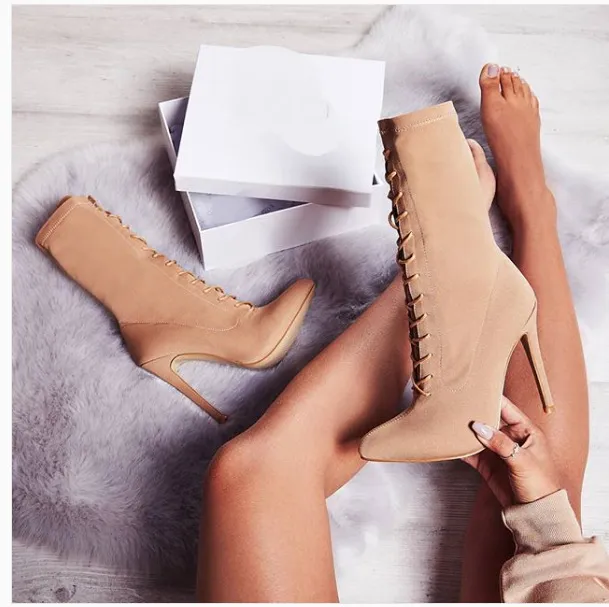 Pointed lace up slim super high heels Beige - Shop at LoveMi