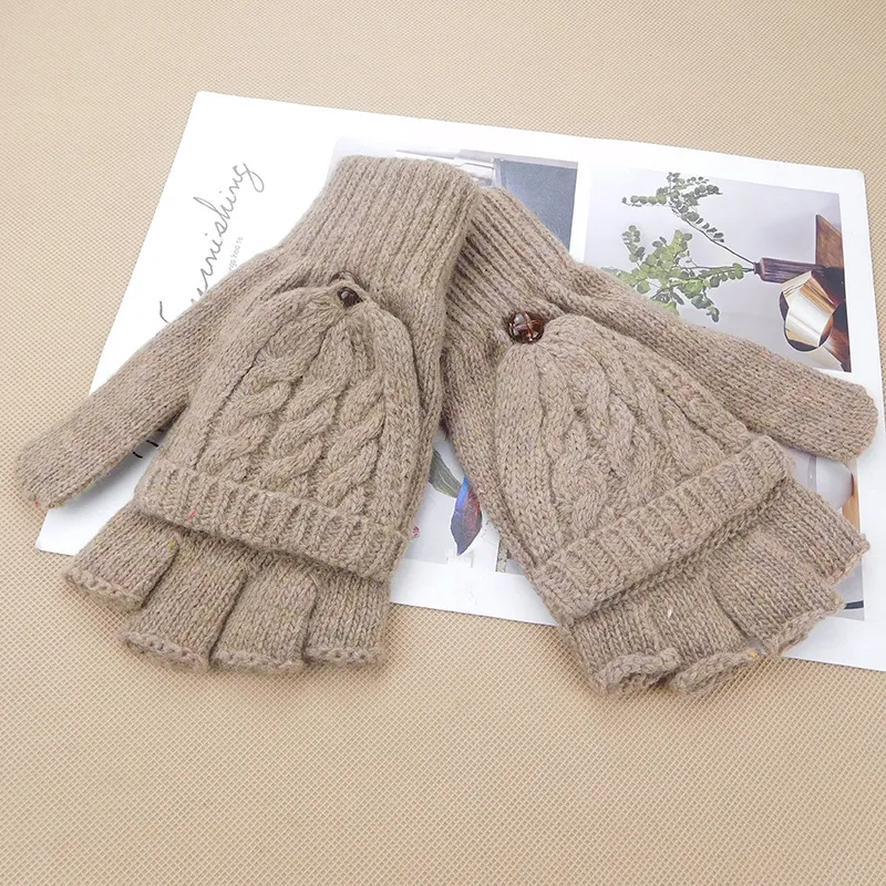 Autumn and winter Korean women's lovely five finger thin sweater knitted gloves in winter with students writing half fingers - Khaki