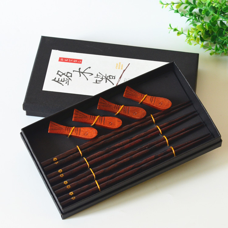 Wooden Chopsticks 4 Pairs Of Chopsticks Chopstick Holder Combination Gift Box Set A Gold Flower - Shop at LoveMi