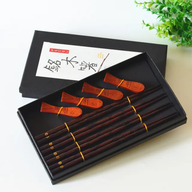 Wooden Chopsticks 4 Pairs Of Chopsticks Chopstick Holder Combination Gift Box Set A Gold Flower - Shop at LoveMi