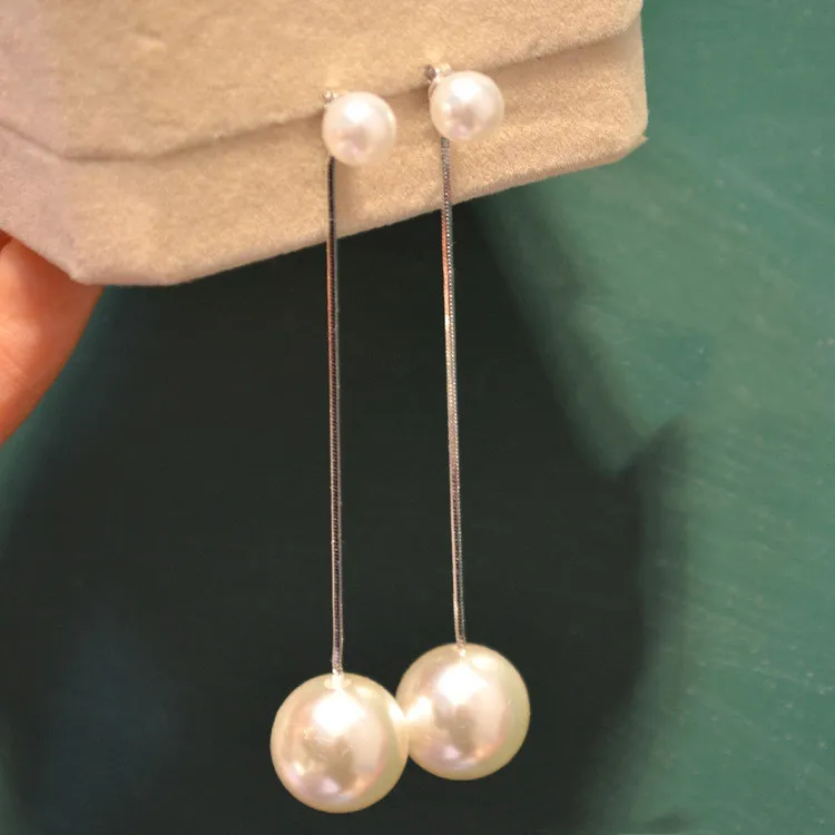 s925 silver needle pendant pearl earrings - A Long