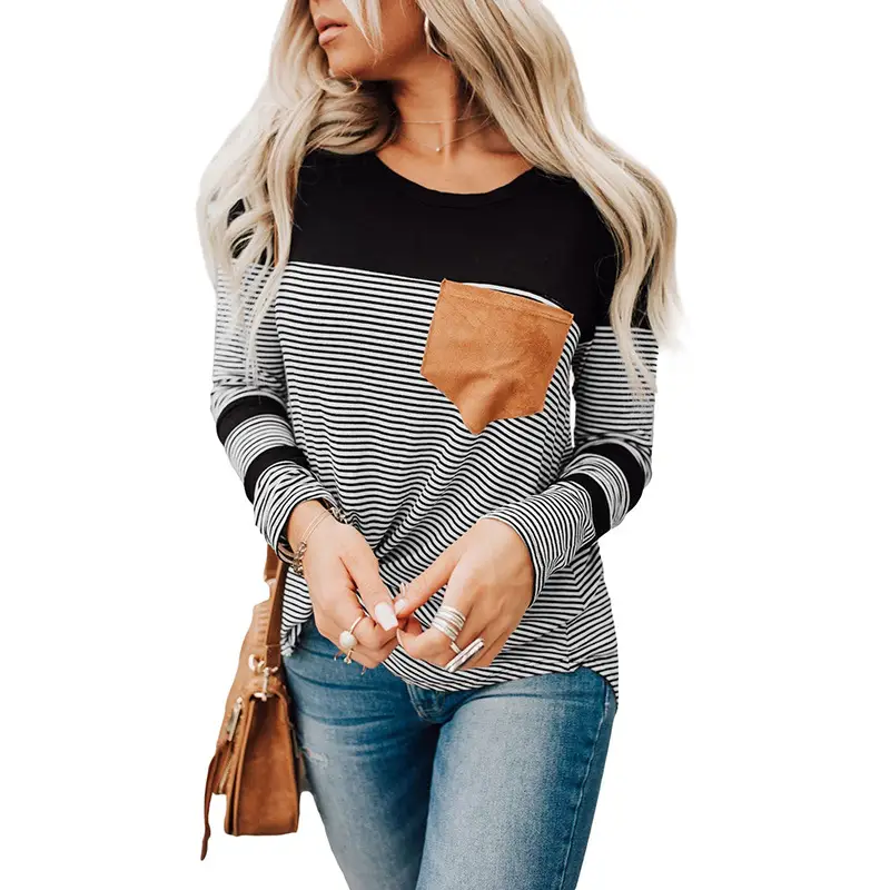 Striped panel color long-sleeved top