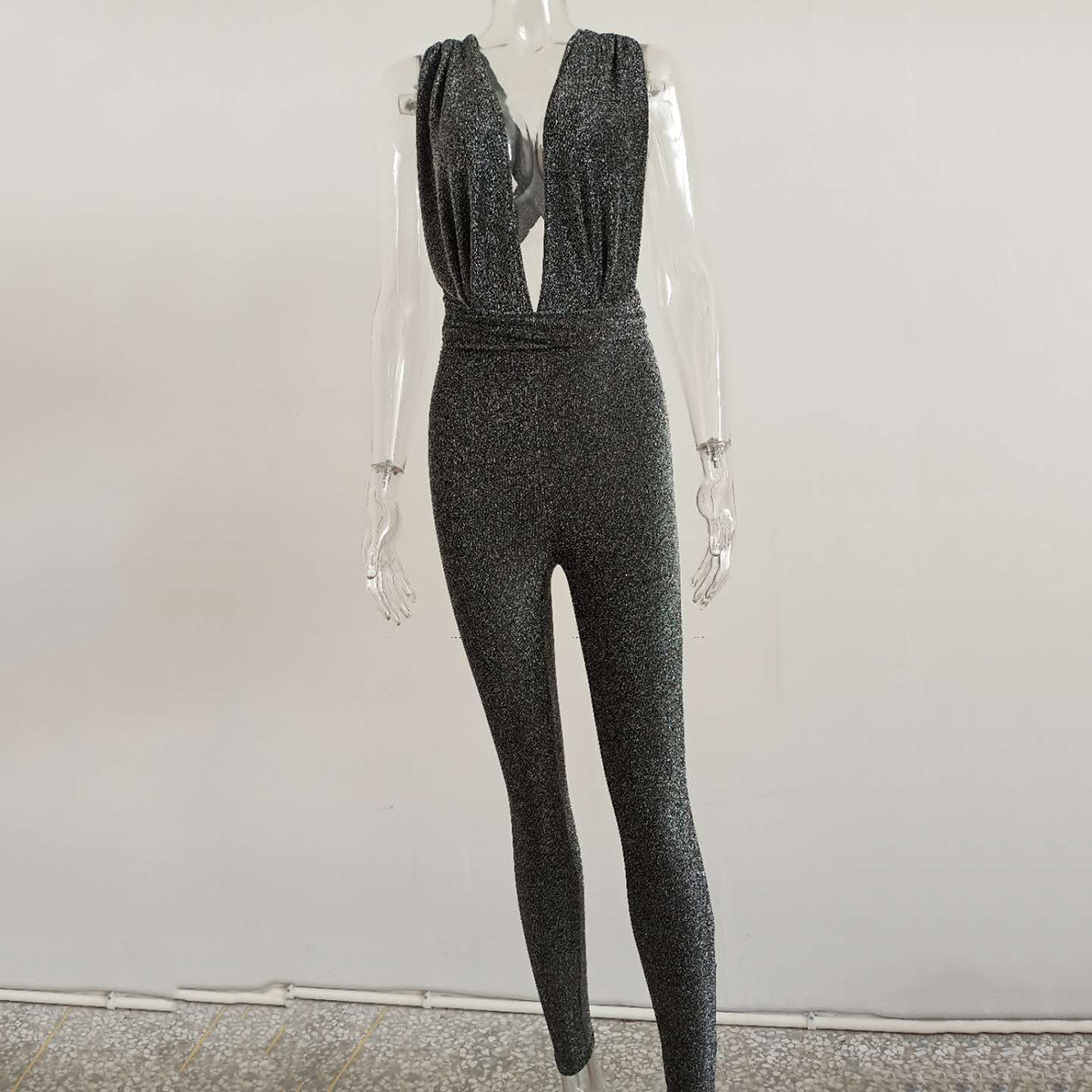 Lace up low cut deep v bright silk sexy jumpsuit Dark Silver - Shop at LoveMi