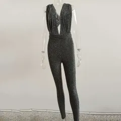 Lace-up low-cut deep v bright silk sexy jumpsuit - Dark Silver - View 1