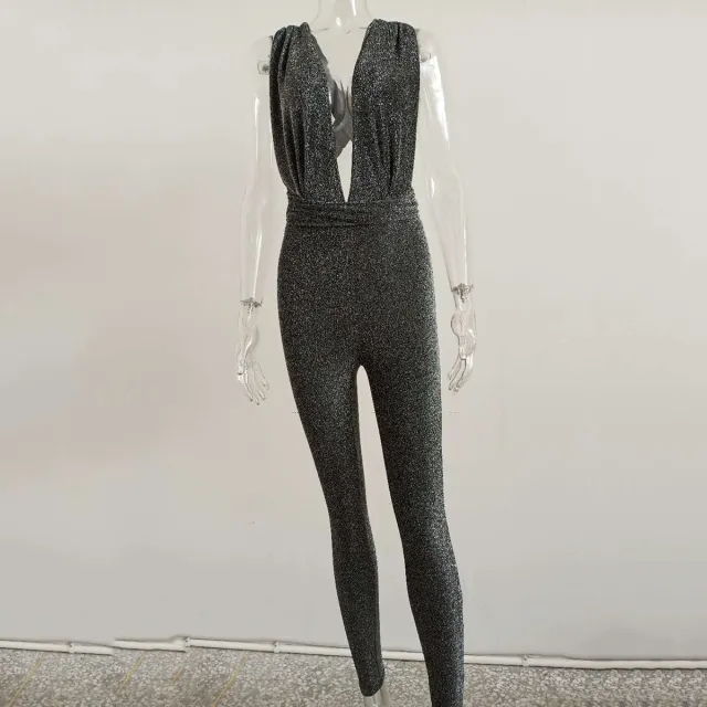 Lace up low cut deep v bright silk sexy jumpsuit Dark Silver - Shop at LoveMi