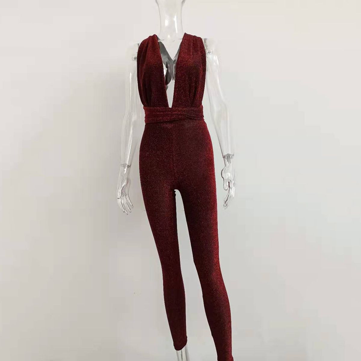 Lace up low cut deep v bright silk sexy jumpsuit Wine Red - Shop at LoveMi