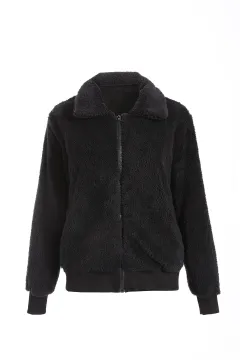 Winter Autumn Women Lapel Zipper Jacket Coat - Black - View 1