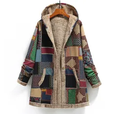 Cotton and linen printed hooded sweater warm plush jacket - Green - View 1