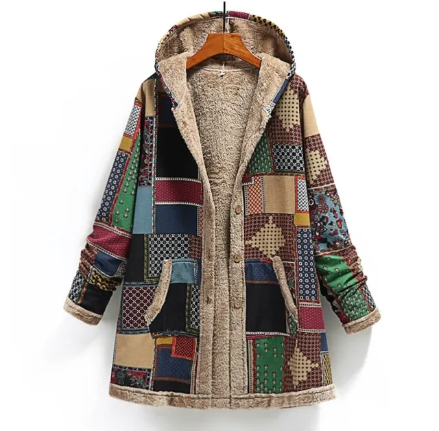 Cotton and linen printed hooded sweater warm plush jacket Green - Shop at LoveMi