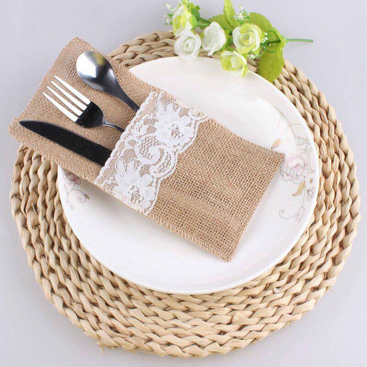 Burlap tableware bag lace cutlery bag coarse burlap bag
