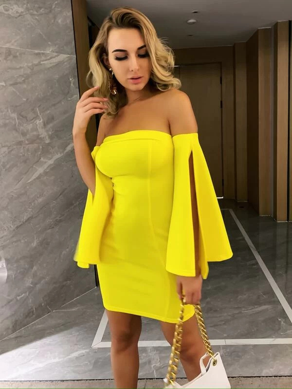 One word collar solid color dress