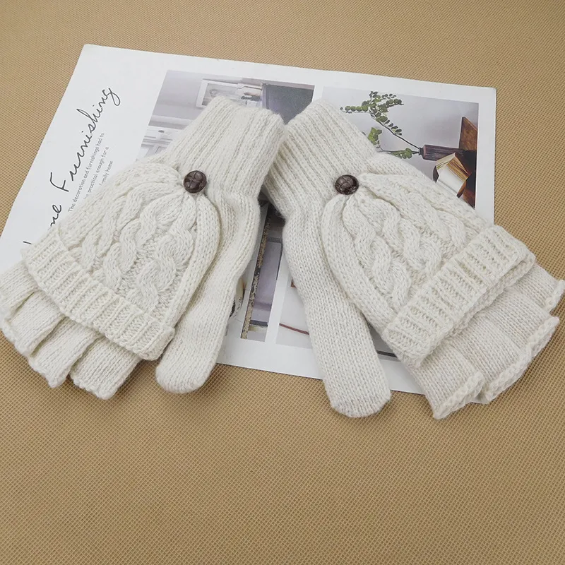 Autumn and winter Korean women's lovely five finger thin sweater knitted gloves in winter with students writing half fingers - White