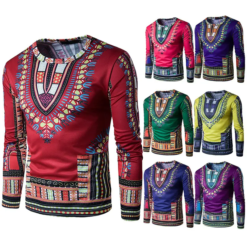 Ethnic print long-sleeved round neck T-shirt