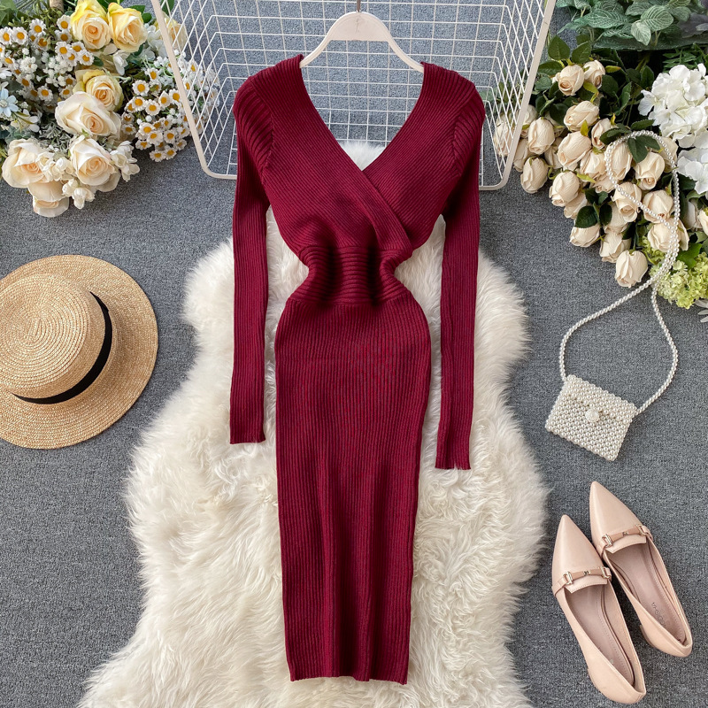 V-neck solid color knitted base skirt