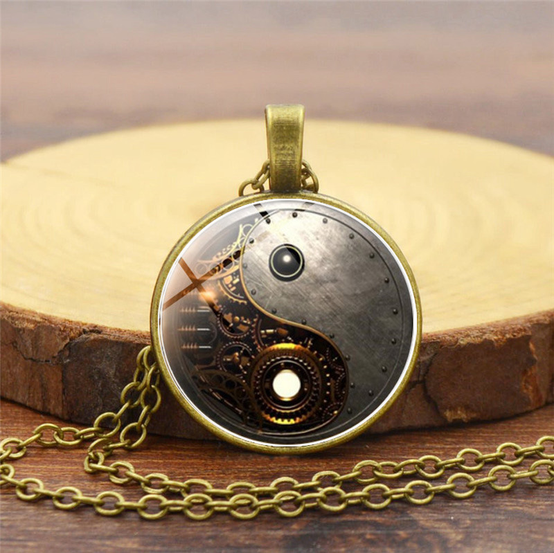 Steampunk Yin Yang time Gem Necklace Pendant