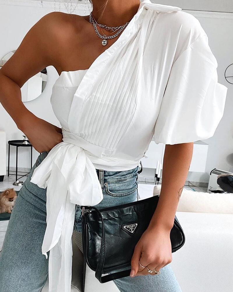 Lantern sleeve oblique shoulder strap shirt